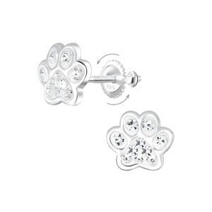 Silver Paw Print Crystal Screw Back Earrings